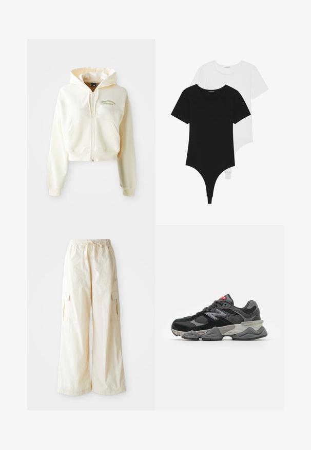 Kratší mikina na zip v krémové barvě s jemnou texturou. Má kapuci, přední kapsy a decentní zelenou výšivku s nápisem "New Balance Athletics."; Černobílé body s krátkým rukávem a kulatým výstřihem, s thong spodní částí, vyrobené z hladké, elastické tkaniny.; Kalhoty s širokými nohavicemi v světlém béžovém odstínu, vyrobené z elastického materiálu, se stahovací šňůrkou v pase a bočními kapsami. Hladká textura s minimálním zdobením.; Černé a šedé sneakersy se směsí semišových a síťovaných materiálů, silnou podrážkou, výrazným logem a červeným akcentem na jazyku.