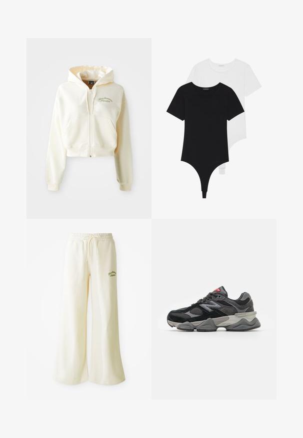 Κομμένο ζακέτα με φερμουάρ σε κρεμ ύφασμα με μαλακή υφή. Διαθέτει κουκούλα, μπροστινές τσέπες και διακριτική πράσινη ραφή που γράφει "New Balance Athletics."; Μαύρα και λευκά κοντομάνικα κορμάκια με στρογγυλές λαιμοκοψές και σλιπ πίσω, φτιαγμένα από απαλή και ελαστική ύφανση.; Κρέμα φαρδιά παντελόνια φόρμας με ελαστική μέση και ρυθμιζόμενο κορδόνι. Κεντημένο πράσινο κείμενο "Αθλητικό" στο μπροστινό μέρος. Μαλακό ύφασμα.; Μαύρο και γκρι αθλητικό παπούτσι με συνδυασμό σουέτ και mesh υλικών, παχύ πάτο, εξέχον λογότυπο και κόκκινη λεπτομέρεια στη γλώσσα.