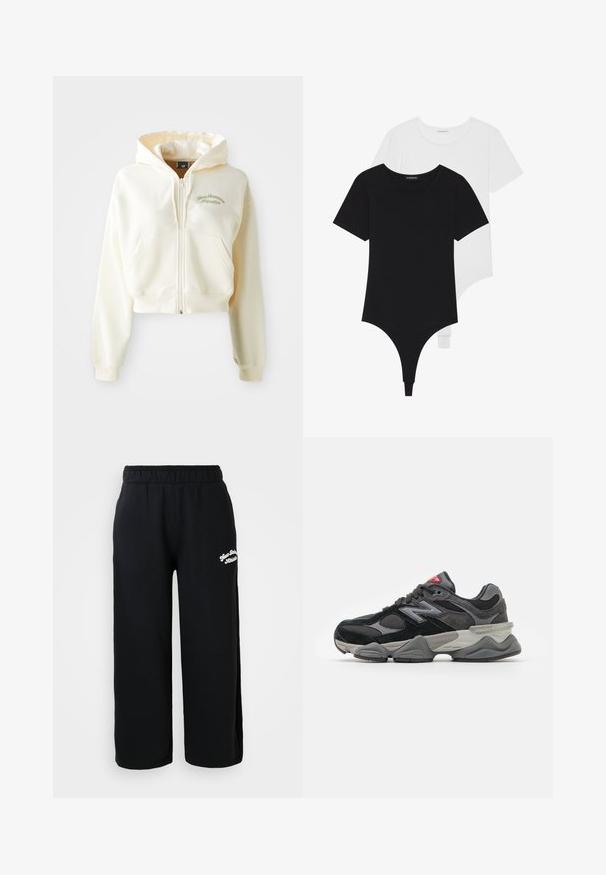 Trumpas, su užtrauktuku užsegamas džemperis kremine spalva, su minkšta tekstūra. Yra gobtuvė, priekinės kišenės ir subtili žalia siuvinėta užrašas "New Balance Athletics."; Juodai balti trumpų rankovių bodžiai su apvaliais iškirpimais ir thong tipo apatiniais, pagaminti iš lygaus, tampraus audinio.; Juodos sportinės kelnės, pagamintos iš minkštos medvilnės, su elastinga juosmens juosta ir sutrumpintu siluetu. Šone yra mažas baltas siuvinėtas užrašas.; Juodos ir pilkos sportbačiai su zomšos ir tinklelio medžiagų mišiniu, storu padu, išsiskiriančiu logotipu ir raudona akcentu ant liežuvėlio.