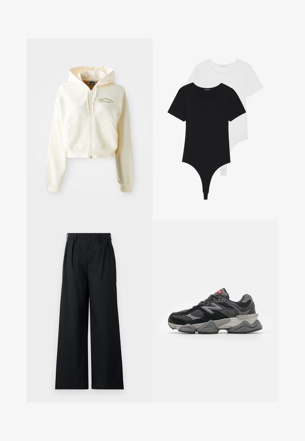 Cropped, zip-up hoodie in cream fabric with a soft texture. Features a hood, front pockets, and subtle green embroidery reading "New Balance Athletics."; Black and white short-sleeve bodysuits with round necklines and thong bottoms, made from smooth, stretchable fabric.; Black wide-leg trousers made from a smooth fabric, featuring a button closure and pleats for added structure. Simple, minimalist design.; Black and gray sneaker with a mix of suede and mesh materials, thick sole, prominent logo, and red accent on the tongue.