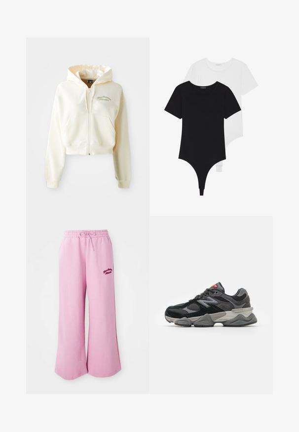 Cropped, zip-up hoodie in cream fabric with a soft texture. Features a hood, front pockets, and subtle green embroidery reading "New Balance Athletics."; Black and white short-sleeve bodysuits with round necklines and thong bottoms, made from smooth, stretchable fabric.; Light pink sweatpants made of soft fabric, featuring a wide leg design, elastic waistband with drawstring, and embroidered logo detail.; Black and gray sneaker with a mix of suede and mesh materials, thick sole, prominent logo, and red accent on the tongue.