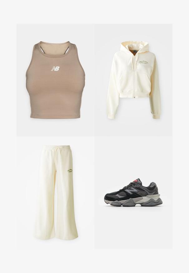 Kropēta, ar rāvējslēdzēju aizverama džemperis krēmkrāsā ar mīkstu tekstūru. Ievērojams ar kapuci, priekšējām kabatām un smalku zaļu izšuvumu ar uzrakstu "New Balance Athletics."; Karmīgo sporta krūšturis ar pieguļošu dizainu, izgatavots no gludas materiāla. Priekšpusē ir balta logo, kā arī racersleja stils ar izgriezumiem.; Krēmkrāsas platās sporta bikses ar elastīgu jostu un regulējamu auklu. Uz priekšpuses izšūts zaļš uzraksts "Athletic". Mīksts audums.; Melna un pelēka sporta apavi ar suede un sieta materiālu kombināciju, bieza zole, izteikts logs un sarkana akcents uz mēles.