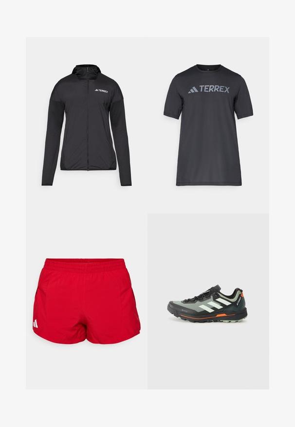 Schwarze Terrex-Jacke mit einem Reißverschluss vorne, Kapuze und kontrastierendem Stoff an den Ärmeln. Sie zeichnet sich durch eine glatte Textur und ein minimalistisches Design aus.; Schwarzes T-Shirt mit kurzen Ärmeln aus leichtem Stoff, mit einem hellgrauen "TERREX"-Logo auf der Brust und einem Rundhalsausschnitt.; Rote Sportshorts aus leichtem Material mit elastischem Bund. Mit Seitentaschen und einem weißen Logo-Akzent am Saum.; Leichtgewichtiger Trailrunning-Schuh mit einem grauen und schwarzen Mesh-Obermaterial, orangefarbenen Akzenten und einer robusten Außensohle für besseren Halt. Wasserdichte Gore-Tex-Beschichtung.