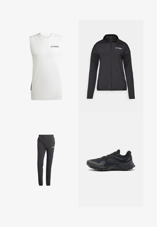 Musta Terrex-takki, jossa on vetoketjullinen etuosa, huppu ja kontrastiväri hihansuissa. Takki on miellyttävän sileä ja minimalistisen suunnittelun omaava.; Hihaton valkoinen urheilupaita, joka on valmistettu kosteutta siirtävästä kankaasta. Paitassa on pyöreä kaula-aukko ja mustat sivusomisteet, joissa on Terrex-logo.; Mustat urheiluhaalari kevyestä kankaasta, jossa on joustava vyötärö, sivutaskut, kapenevat lahkeet ja logo-yksityiskohta.; Mustat urheilukengät tekstuurilla varustetulla verkkomateriaalilla, kumipohjalla ja huomattavilla harmailla yksityiskohdilla kärjessä ja sivupaneeleissa. Vahvistettu kantapään muotoilu.