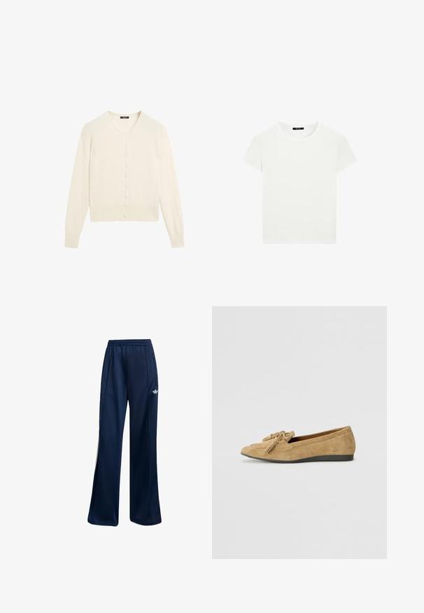 Cremfarbener gestrickter Cardigan mit V-Ausschnitt, langen Ärmeln und einer Knopfleiste. Weiche Textur und gerippte Details an den Bündchen und am Saum.; Schlichtes weißes T-Shirt mit kurzen Ärmeln und Rundhalsausschnitt in schlanker Passform, flach vor einem weißen Hintergrund präsentiert.; Marineblaue Sporthose aus glattem Stoff, mit einem elastischen Bund und einem weißen Logo-Detail auf der linken Hüfte. Gerade Beinform.; Bequeme Ballerinas aus hellbraunem Wildleder mit runder Spitze und dekorativem Quasten-Detail. Die Sohle besteht aus strukturiertem schwarzem Gummi für guten Grip.