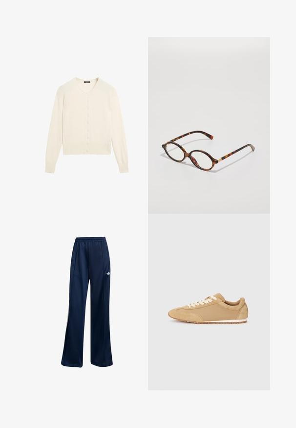 Cremefarvet strikket cardigan med V-hals, lange ærmer og knaplukning foran. Blød tekstur og ribbet detaljering ved manchetter og nederste kant.; Simpel hvid t-shirt med korte ærmer og rund halsudskæring, slim fit, præsenteret fladt mod en hvid baggrund.; Mørkeblå træningsbukser lavet af glat stof, med elastisk talje og hvidt logo-detalje på venstre hofte. Lige ben-design.; Lystebrune sneakers lavet af ruskind og stof, med rund tå, hvide snørebånd og en gummisål med struktureret overflade.; Skildpaddebriller med ovale stel, klare linser og guld accenter. Har buede stænger og en glat, blank finish.; Vævet beige lædertaske med en enkelt skulderrem, der har en rektangulær form og tekstureret overflade. Justerbart remudstyr inkluderet.