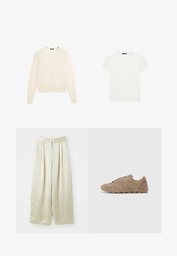 Cream-colored knitted cardigan with a V-neck, long sleeves, and a button-front closure. Soft texture and ribbed detailing at cuffs and hem.; Plain white short-sleeve crew neck t-shirt with a slim fit, displayed flat against a white background.; Cream wide-leg trousers with pleats, made from smooth fabric. Features a flat waistband, button closure, and side pockets for functionality.; Beige suede shoes with a low profile, featuring stitched lines and a textured surface, complemented by rubber traction outsoles.