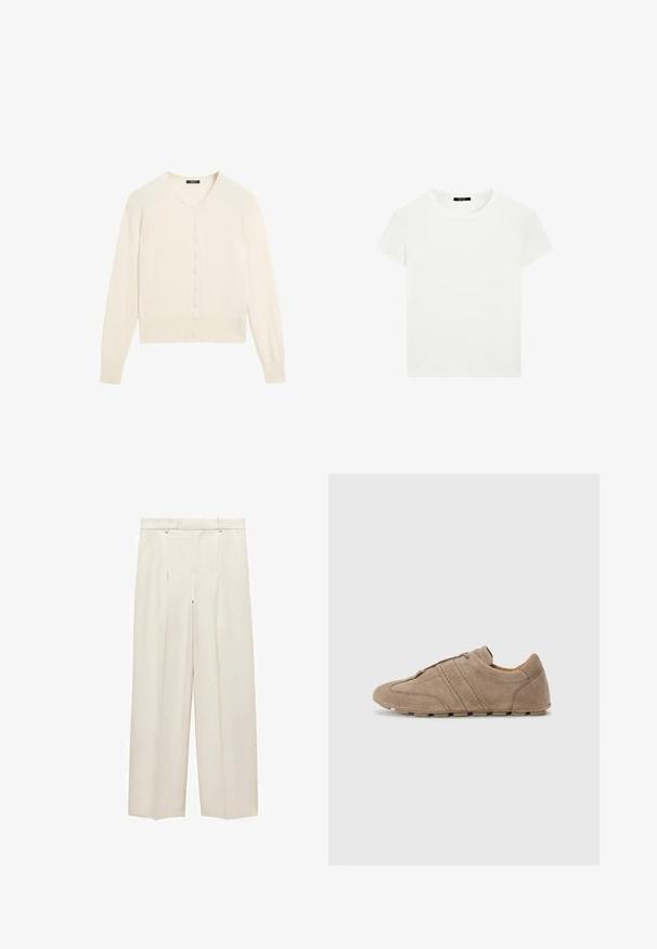 Kremowy sweter z dzianiny z dekoltem w kształcie litery V, długimi rękawami i zapięciem na guziki. Miękka tekstura i ribbowe detale przy mankietach i dolnej krawędzi.; Prosta, biała koszulka z krótkim rękawem i okrągłym dekoltem, o dopasowanym kroju, zaprezentowana na płasko na białym tle.; Spodnie typu wide-leg z jasnego beżowego materiału, z przodu plisami i bocznymi kieszeniami. Gładka tekstura z talią o dopasowanym kroju.; Beżowe zamszowe buty o niskim profilu, z przeszytymi liniami i teksturowaną powierzchnią, uzupełnione gumowymi podeszwami zapewniającymi przyczepność.