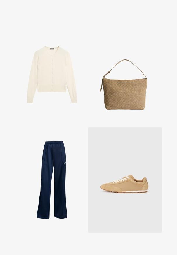 Světle krémový pletený svetr s výstřihem do V, dlouhými rukávy a zapínáním na knoflíky. Měkká textura a žebrované detaily na manžetách a spodním lemu.; Jednoduché bílé tričko s krátkým rukávem a kulatým výstřihem, slim fit, vystavené rovně na bílém pozadí.; Námořnické modré sportovní kalhoty vyrobené z hladkého materiálu, s elastickým pasem a bílým logem na levém boku. Rovný střih.; Světle hnědé tenisky vyrobené z semiše a textilu, s kulatou špičkou, bílými tkaničkami a gumovou podrážkou s texturovaným povrchem.; Woven béžová kožená taška s jedním ramenním popruhem, obdélníkového tvaru a strukturovaným povrchem. Součástí je také nastavitelné kování na popruh.