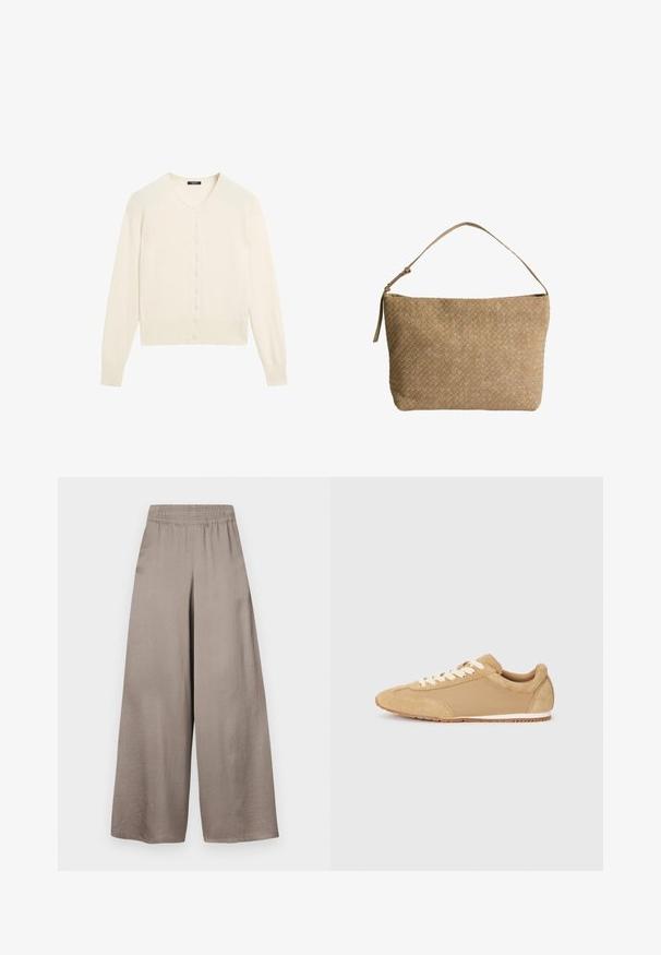 Světle krémový pletený svetr s výstřihem do V, dlouhými rukávy a zapínáním na knoflíky. Měkká textura a žebrované detaily na manžetách a spodním lemu.; Jednoduché bílé tričko s krátkým rukávem a kulatým výstřihem, slim fit, vystavené rovně na bílém pozadí.; Kalhoty širokého střihu z jemné taupe látky s elastickým pasem, s hladkou texturou a minimalistickým designem.; Světle hnědé tenisky vyrobené z semiše a textilu, s kulatou špičkou, bílými tkaničkami a gumovou podrážkou s texturovaným povrchem.; Woven béžová kožená taška s jedním ramenním popruhem, obdélníkového tvaru a strukturovaným povrchem. Součástí je také nastavitelné kování na popruh.