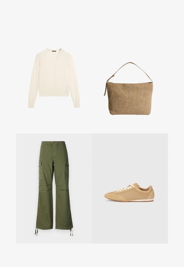 Crème-kleurige gebreide cardigan met een V-hals, lange mouwen en een knoopsluiting aan de voorkant. Zachte textuur en geribbelde details bij de mouwen en de onderrand.; Effen witte T-shirt met korte mouwen en een ronde hals, met een slim fit, vlak weergegeven tegen een witte achtergrond.; Olijfgroene cargobroek van katoen, met een brede pijpdesign, twee zijzakken en verstelbare touwen aan de zoom.; Lichtbruine sneaker van suède en stof, met een ronde neus, witte veters en een rubberen zool met een gestructureerde afwerking.; Geweven beige leren tas met een enkele schouderband, met een rechthoekige vorm en een gestructureerd oppervlak. Verstelbaar bandbeslag inbegrepen.
