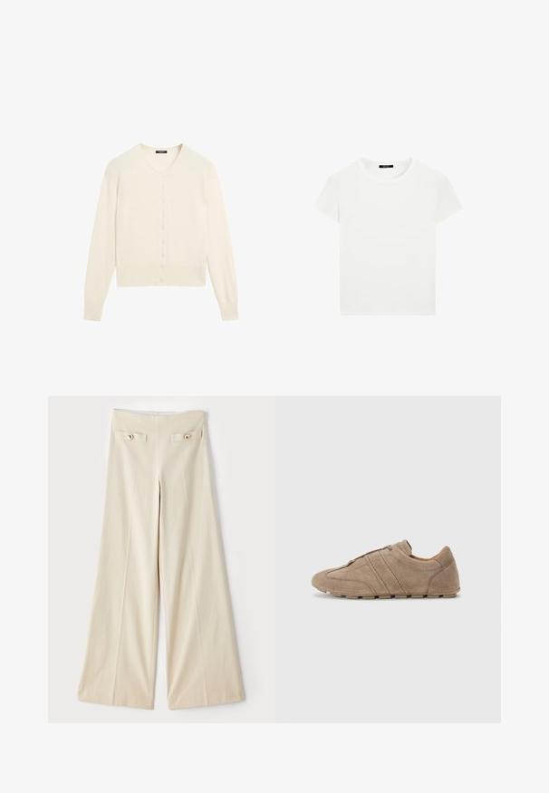 Světle krémový pletený svetr s výstřihem do V, dlouhými rukávy a zapínáním na knoflíky. Měkká textura a žebrované detaily na manžetách a spodním lemu.; Jednoduché bílé tričko s krátkým rukávem a kulatým výstřihem, slim fit, vystavené rovně na bílém pozadí.; Béžové kalhoty s širokými nohavicemi a vysokým pasem, které mají dvě dekorativní přední kapsy a zlaté knoflíky na každé straně. Hladká textilie.; Béžové semišové boty s nízkým profilem, zdobené šitými pruhy a texturovaným povrchem, doplněné gumovou podrážkou s trakčními výstupky.