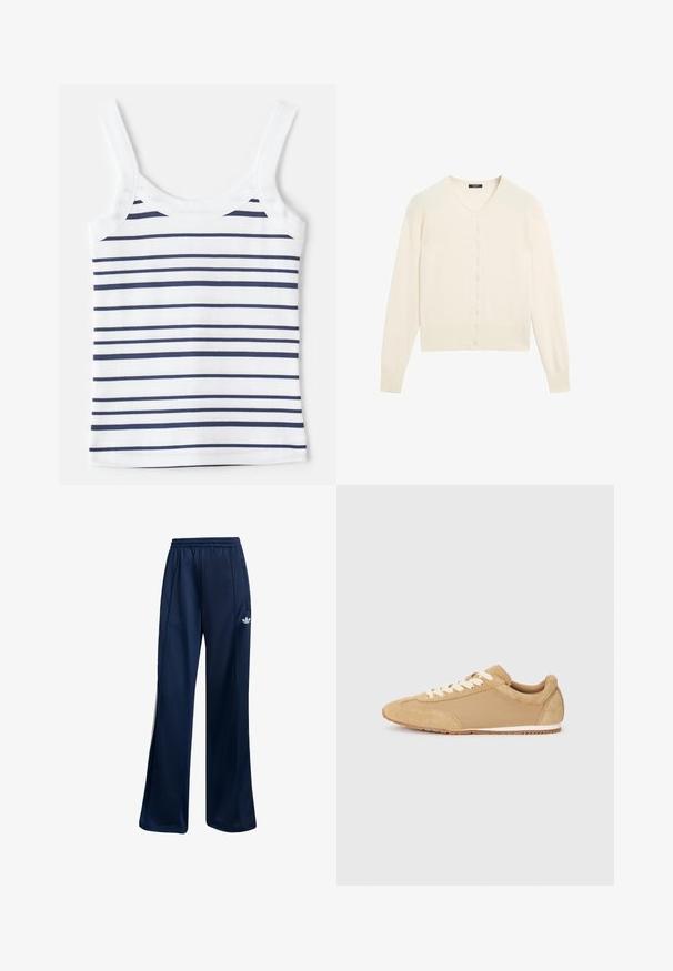 Crème-kleurige gebreide cardigan met een V-hals, lange mouwen en een knoopsluiting aan de voorkant. Zachte textuur en geribbelde details bij de mouwen en de onderrand.; Gestreepte tanktop met witte en marineblauwe horizontale strepen, gemaakt van ribstof. Voorzien van brede schouderbanden en een ronde halslijn.; Marineblauwe sportbroeken van gladde stof, met een elastische tailleband en witte logodetails op de linkerheup. Recht model.; Lichtbruine sneaker van suède en stof, met een ronde neus, witte veters en een rubberen zool met een gestructureerde afwerking.