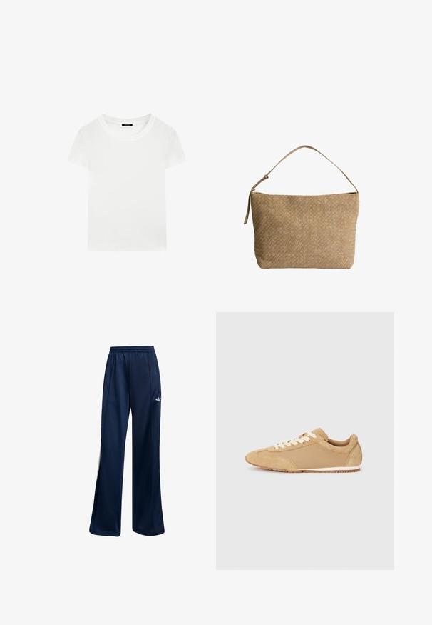 Kremowy sweter z dzianiny z dekoltem w kształcie litery V, długimi rękawami i zapięciem na guziki. Miękka tekstura i ribbowe detale przy mankietach i dolnej krawędzi.; Biała koszulka z krótkim rękawem typu crew neck z bawełny, z czarną metką marki wewnątrz kołnierza.; Granatowe spodnie sportowe wykonane z gładkiego materiału, z elastycznym paskiem w talii oraz białym logo po lewej stronie na biodrze. Prosty krój nogawek.; Jasnobrązowy sneaker wykonany z zamszu i tkaniny, z okrągłym noskiem, białymi sznurówkami i gumową podeszwą o teksturowanym wykończeniu.; Tkany beżowy skórzany damska torba z jednym paskiem na ramię, o prostokątnym kształcie i teksturowanej powierzchni. W zestawie regulowane elementy paska.