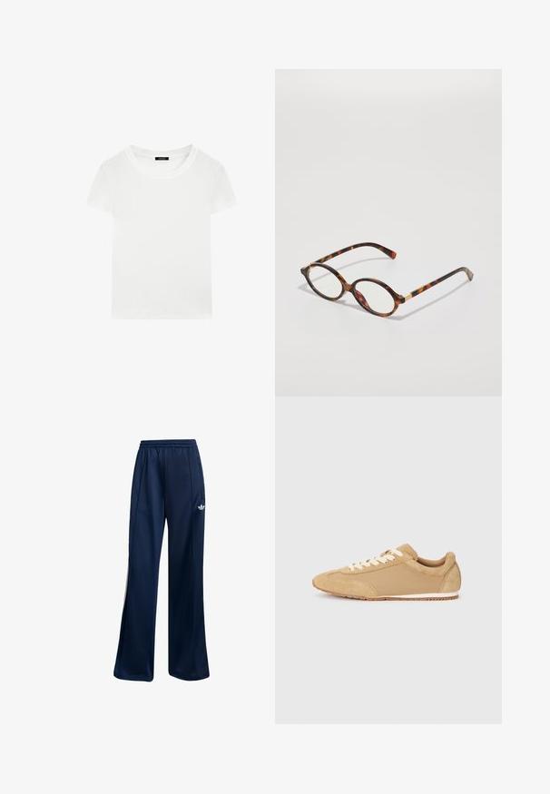 Světle krémový pletený svetr s výstřihem do V, dlouhými rukávy a zapínáním na knoflíky. Měkká textura a žebrované detaily na manžetách a spodním lemu.; Bílý krátký rukáv bavlněné tričko s kulatým výstřihem a černou značkovou etiketou uvnitř límce.; Námořnické modré sportovní kalhoty vyrobené z hladkého materiálu, s elastickým pasem a bílým logem na levém boku. Rovný střih.; Světle hnědé tenisky vyrobené z semiše a textilu, s kulatou špičkou, bílými tkaničkami a gumovou podrážkou s texturovaným povrchem.; Kočičí brýle s oválnými rámy, průhlednými čočkami a zlatými akcenty. Mají zakřivené nožičky a hladký, lesklý povrch.; Woven béžová kožená taška s jedním ramenním popruhem, obdélníkového tvaru a strukturovaným povrchem. Součástí je také nastavitelné kování na popruh.