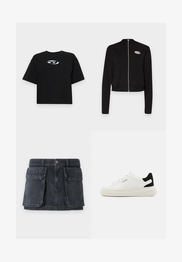 Mustat lyhyet vetoketjulliset takit, jotka on valmistettu pehmeästä kankaasta. Ominaisuuksia ovat korkea kaulus, ribbaatut hihansuut ja vyötärö, sekä hopeinen logokoriste rinnassa.; Musta puuvillapaita, jossa on lyhennetty muotoilu, lyhyet hihat ja pyöreä pääntie. Paidassa on kontrastivärinen soikea logo rinnassa.; Musta farkkuhame, jossa on istuva vyötärö, napitus, kaksi suurta etutaskua ja kontrastiväriset tikkauskoristukset.; Valkoiset nahkakengät paksulla valkoisella pohjalla, mustalla mokkanahkaosuudella kannassa ja kohokuvioitu logo sivulla. Nauhakeskitys kuudella reiällä.