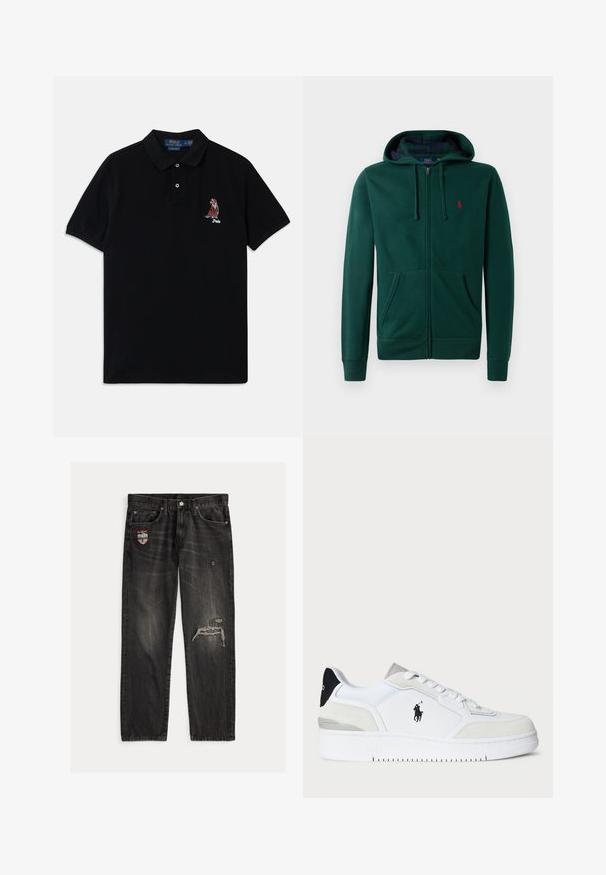 Zaļa zip-up kapuce, izgatavota no mīksta materiāla, ar centrālo rāvējslēdzēju, divām priekšējām kabatām, ribotām piedurknēm un sarkanu logotipu uz krūtīm.; Olivzaļš pūdera vestes ar augstu apkakli, priekšējā rāvējslēdzēja aizdare, horizontālas šuves un neliels logotipa akcents uz krūtīm. Viegls materiāls.; Melna polo krekliņa izgatavošana no kokvilnas ar apkaklīti, diviem pogu aizdari un izšūtu logotipu kreisajā krūtī. Īsas piedurknes un mīksta tekstūra.; Melnas džinsa bikses ar taisniem kāju galiem, nodiluma detaļām un uzšuvumu uz kreisās kabatas. Redzama šūšana un izbalējis tekstūras raksts.; Baltas sporta apavi ar zamša un ādas augšdaļu, melns papēža akcents, plakanas šņores, logo sānos un teksturēta zole.