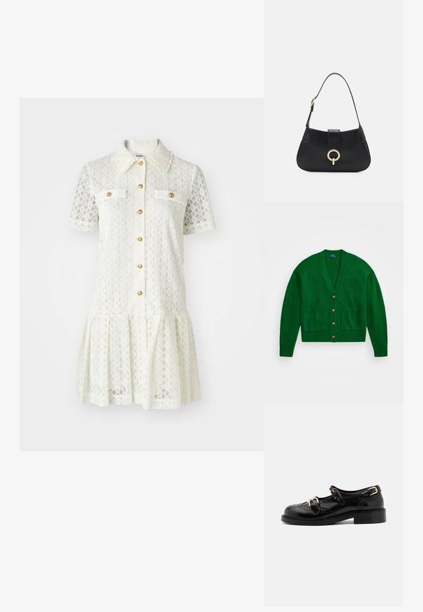 Cardigan verde a maglia con scollo a V, cinque bottoni, ampie cuciture a coste e due tasche anteriori. Piccolo logo ricamato sulla tasca sinistra.; Abito in pizzo color crema con maniche corte, colletto, bottoni dorati e due tasche sul petto. Gonna svasata con dettaglio a bordi ondulati.; Scarpe in pelle nera con dettagli brogue, dotate di due cinturini con fibbia, punta arrotondata e tacco basso. Texture liscia con finitura lucida.; Borsa a tracolla in pelle nera con silhouette curva, manico corto, hardware centrale in tonalità oro e texture liscia. Nessun motivo o dettaglio visibile.