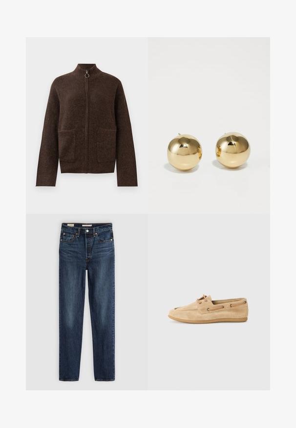 Dunkelbraune flauschige Zip-Up-Strickjacke mit hohem Kragen, zwei vorderen aufgesetzten Taschen und langen Ärmeln vor einem weißen Hintergrund.; Dunkelbraunes Baumwoll-T-Shirt mit rundem Ausschnitt, kurzen Ärmeln und lockerer Passform. Einfaches Design ohne sichtbare Muster oder Akzente.; Dunkelblaue gerade geschnittene Jeans mit fünf Taschen, Knopf- und Reißverschluss und kontrastierenden Nähten.; Beige Wildlederschuh mit runder Zehenpartie, flacher Gummisohle und Schnürdetails. Verfügbar mit braunen Lederakzenten und Nähten entlang der Seiten.; Goldene, kugelförmige Steckohrringe mit polierter Oberfläche und kleinem Steg. Sie weisen eine glatte Textur und reflektierende Oberfläche auf.