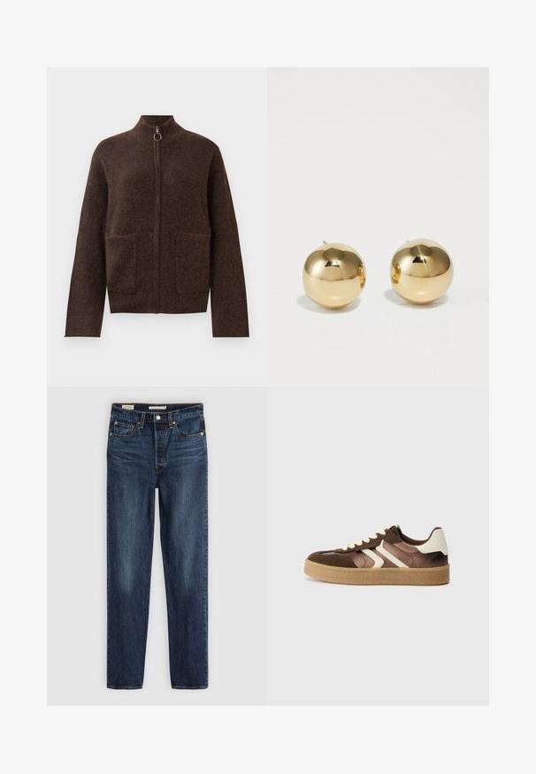 Tamno smeđa fibrozna zip-up kardigan s visokim ovratnikom, dva prednja džepa na zakrpu i dugim rukavima na bijeloj pozadini.; Tamno smeđi pamučni majica s okruglim izrezom, kratkim rukavima i ležernim krojem. Jednostavan dizajn bez vidljivih uzoraka ili akcencija.; Tamno plave ravne traperice s pet džepova, kopčanjem i patentnim zatvaračem, te kontrastnim šavovima.; Smešani smeđi i kremasti tenisice od kombinacije zamširane i satenske tkanine, s tri dijagonalne pruge i teksturiranom gumenom potplatom.; Zlatni okrugli stuđevi naušnice s poliranim završetkom i malim postom. Imaju glatku teksturu i reflektirajuću površinu.