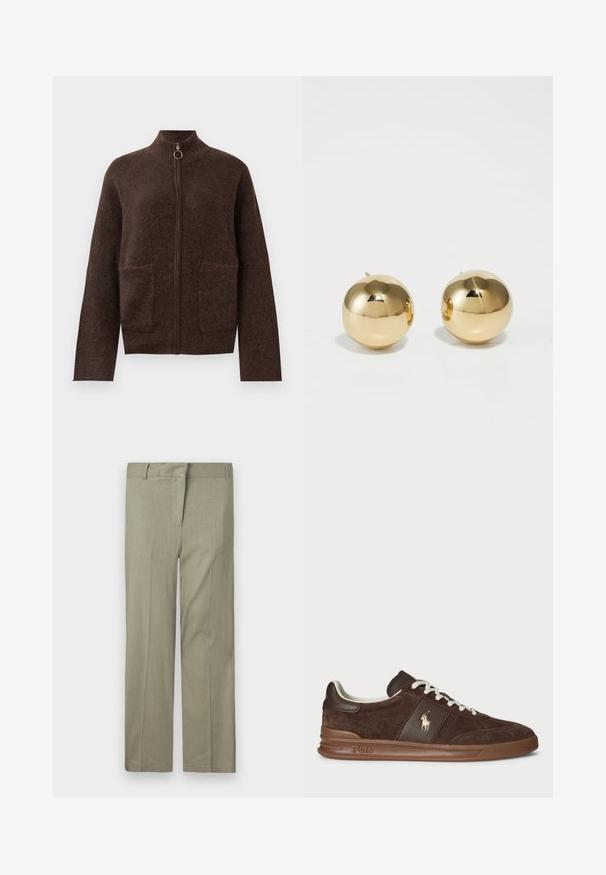 Tumepruun karvase viigipluus, millel on kõrge kaelus, kaks esist pocketsit ja pikad varrukad valge taustaga.; Tumepruun puuvillane T-särk ümmarguse kaelusega, lühikeste varrukatega ja lõdva lõikega. Lihtne disain, ilma nähtavate mustrite või aktsentideta.; Heled oliivrohelised püksid, sihvakas lõige, millel on lame eesmine osa, kaks küljetaskut ja ühtlane, tekstuuriga kude. Puuduvad nähtavad mustrid või aksessuaarid.; Pruunid sametist tennisetossud tekstureeritud paneelidega, valged paelad ja kuldne logo. Omavad kummist tallat ja pehmendatud kaela mugavuse tagamiseks.; Kuldne ümarate stud-kõrvarõngad, millel on poleeritud viimistlus ja väike post. Omavad siledat tekstuuri ja peegeldavat pinda.