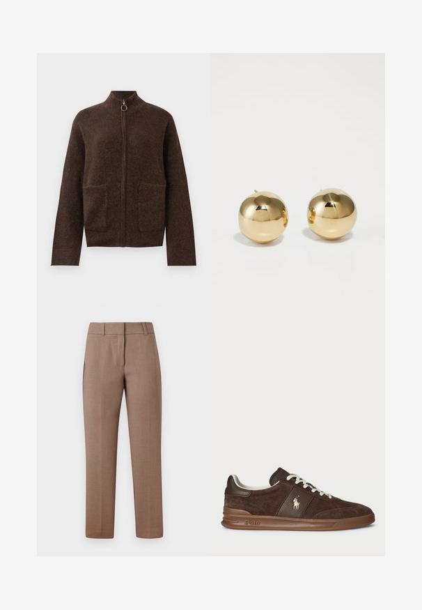 Cardigan zip-up in un marrone scuro e peloso, con collo alto, due tasche a toppa frontali e maniche lunghe su uno sfondo bianco.; Maglietta in cotone marrone scuro con scollo rotondo, maniche corte e vestibilità rilassata. Design semplice senza motivi o dettagli visibili.; Pantaloni su misura di colore marrone chiaro con una texture liscia, davanti piatto, tasche laterali e design a gamba dritta. Il tessuto presenta un motivo sottile.; Sneaker in suede marrone con pannelli testurizzati, lacci bianchi e logo dorato. Presenta una suola in gomma e un colletto imbottito per il comfort.; Orecchini a perno sferici in oro con finitura lucida e piccolo perno. Presentano una superficie liscia e riflettente.