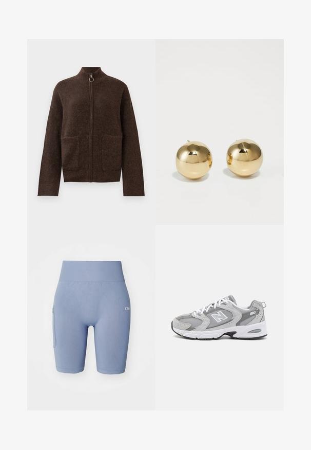 Tamno smeđa fibrozna zip-up kardigan s visokim ovratnikom, dva prednja džepa na zakrpu i dugim rukavima na bijeloj pozadini.; Tamno smeđi pamučni majica s okruglim izrezom, kratkim rukavima i ležernim krojem. Jednostavan dizajn bez vidljivih uzoraka ili akcencija.; Svijetloplave atletske kratke hlače od rastezljivog materijala, s visokim pojasom i bočnom džepom. Glatka tekstura s minimalnim logotipom.; Sive zimske tenisice s mrežastim i antilop gornjim dijelom, bijelim vezicama i crnim potplatom. Imaju istaknuti logotip "N" i podstavljeni ovratnik.; Zlatni okrugli stuđevi naušnice s poliranim završetkom i malim postom. Imaju glatku teksturu i reflektirajuću površinu.