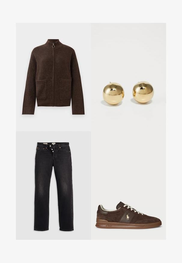 Tmavo hnedá chokerová cardigan s fuzzy textúrou, so zipsom a vysokým golierom, dvoma prednými vreckami a dlhými rukávmi na bielom pozadí.; Tmavohnedé bavlnené tričko s okrúhlym výstrihom, krátkymi rukávmi a voľným strihom. Jednoduchý dizajn bez viditeľných vzorov alebo akcentov.; Čierne denimové džínsy s rovnými nohavicami, obsahujúce päť vreciek, medené nitky a zapínanie na gombík. Mäkka textúra s jemným efektom vyblednutia.; Hnedé semišové tenisky s textúrovanými panelmi, bielymi šnúrkami a zlatým logom. Obsahujú gumovú podrážku a polstrovaný golier pre pohodlie.; Zlaté guľaté náušnice na puzetu s lesklým povrchom a malým postranným zapínaním. Majú hladkú textúru a reflexný povrch.