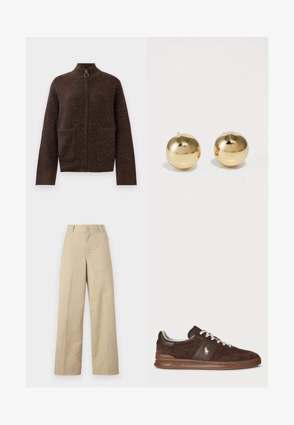 Cardigan zippé flou marron foncé avec col haut, deux poches plaquées à l'avant et manches longues, sur fond blanc.; T-shirt en coton marron foncé avec un col rond, des manches courtes et une coupe décontractée. Design simple sans motifs ni accents visibles.; Pantalons larges beiges en coton, dotés d'une fermeture à bouton, de passants de ceinture et d'un devant plat avec un minimum de détails.; Baskets en daim marron avec des panneaux texturés, des lacets blancs et un logo doré. Équipées d'une semelle en caoutchouc et d'un col rembourré pour un confort optimal.; Boucles d'oreilles en or sphériques avec une finition polie et une petite tige. Elles présentent une texture lisse et une surface réfléchissante.