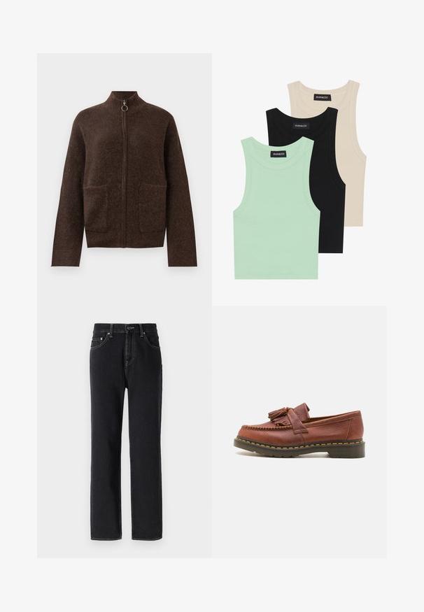Tamno smeđa fibrozna zip-up kardigan s visokim ovratnikom, dva prednja džepa na zakrpu i dugim rukavima na bijeloj pozadini.; Tri majice bez rukava u boji mente, crnoj i bež boji; izrađene od rebraste tkanine s okruglim izrezom. Vidljiva oznaka branda.; Crne traperice od denima ravnog kroja, s vidljivim šavovima, pet džepova i prednjim kopčanjem na gumb.; Smeđe kožne mokasine s resama, teksturiranom površinom i kontrastnim žutim šavovima uz crnu gumenu podlogu. Bočni pogled.