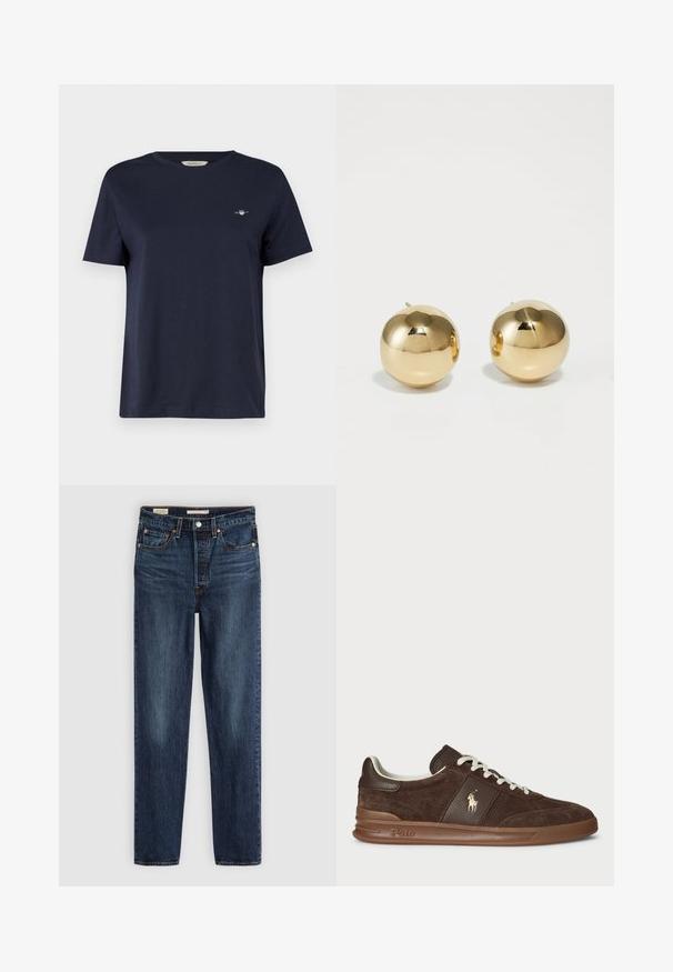Cardigan zippé flou marron foncé avec col haut, deux poches plaquées à l'avant et manches longues, sur fond blanc.; T-shirt en coton bleu marine à manches courtes, col rond, avec un petit logo brodé sur la poitrine gauche. Texture lisse.; Jeans droits bleu foncé avec cinq poches, fermeture à bouton et à glissière, et surpiqûre contrastante.; Baskets en daim marron avec des panneaux texturés, des lacets blancs et un logo doré. Équipées d'une semelle en caoutchouc et d'un col rembourré pour un confort optimal.; Boucles d'oreilles en or sphériques avec une finition polie et une petite tige. Elles présentent une texture lisse et une surface réfléchissante.