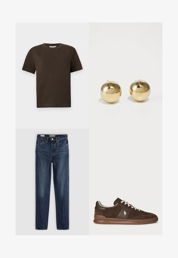 Tamsiai ruda pūkuota zip-up kardiganas su aukštu kaklu, dviem priekinių kišenėmis ir ilgomis rankovėmis prieš baltą foną.; Tamsiai ruda medvilninė marškinėliai su apvalia iškirpte, trumpomis rankovėmis ir laisvu siluetu. Paprastas dizainas be matomų raštų ar akcentų.; Tamsiai mėlyni tiesaus sijono džinsai su penkiomis kišenėmis, sagės ir užtrauktuko uždarymu, bei kontrastinėmis siūlėmis.; Rudi suede sportbačiai su tekstūruotais elementais, balti raišteliai ir auksinė logotipo detalė. Su guma padanga ir paminkštinta apykaklė patogumui.; Aukso sferinės auskarai su poliruotu paviršiumi ir mažu kaiščiu. Pasižymi lygiu tekstūru ir atspindinčiu paviršiumi.