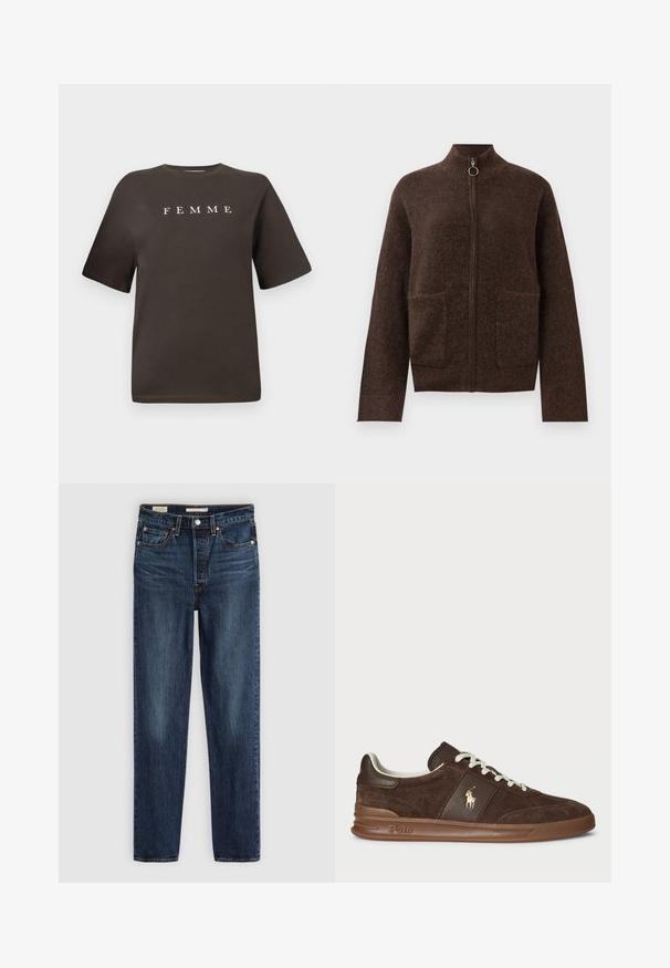 Tummanruskea karvainen vetoketjullinen neuletakki, jossa on korkea kaulus, kaksi etupakkaustaskua ja pitkät hihat valkoista taustaa vasten.; Valkoinen t-paita, jossa on lyhyet hihat ja pyöreä pääntie, ja etupuolella on keskellä sana "FEMME" valkoisena.; Tummansiniset suoralahkeiset farkut, joissa on viisi taskua, nappi- ja vetoketjukiinnitys sekä kontrastivärinen ompelu.; Ruske nubuk sneakerit, joissa on tekstuuripaneelit, valkoiset nauhat ja kultainen logo. Varustettu kumipohjalla ja pehmustetulla kauluksella mukavuutta varten.