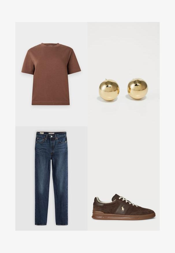 Ciemnobrązowy, puszysty kardigan na zamek błyskawiczny z wysokim kołnierzem, dwiema przednimi kieszeniami naszytymi i długimi rękawami na białym tle.; Brązowy t-shirt z bawełny o okrągłym dekolcie, krótkich rękawach i luźnym kroju. Gładka faktura, bez widocznych wzorów czy ozdób.; Ciemnoniebieskie dżinsy o prostym kroju z pięcioma kieszeniami, zapięciem na guzik i zamek błyskawiczny oraz kontrastowym przeszyciem.; Brązowe zamszowe trampki z teksturowanymi panelami, białymi sznurówkami i złotym logo. Posiadają gumową podeszwę oraz wyściełany kołnierz dla komfortu.; Złote okrągłe kolczyki wkrętki o polerowanym wykończeniu i małym słupku. Charakteryzują się gładką teksturą i lustrzaną powierzchnią.