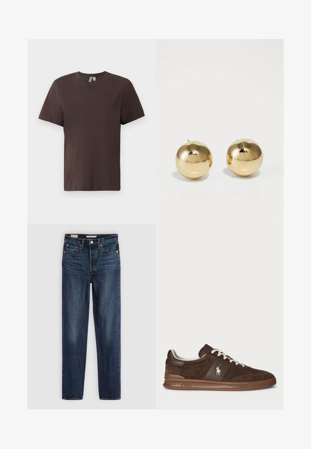 Tumši brūns pūkains kapucis ar rāvējslēdzēju, augstu kaklu, divām priekšējām kabatām un garām piedurknēm uz baltas fona.; Brūna kokvilnas T-krekls ar apaļu kakla izgriezumu, īsām piedurknēm un brīvu piegriezumu. Gluda tekstūra bez redzamām rakstainām vai dekoratīvām detaļām.; Tumši zilie taisnas kājas džinsi ar piecām kabatām, pogu un rāvējslēdzēja aizdari, kā arī kontrastējošajiem stūriem.; Brūni zamša sporta apavi ar teksturētām paneļiem, baltām auklām un zelta logotipu. Nozīmē gumijas zole un mīksts apkakle ērtībai.; Zelta sfēras formas auskari ar pulētu virsmu un mazu pamatni. Iezīmē gludu tekstūru un atstarojamu virsmu.