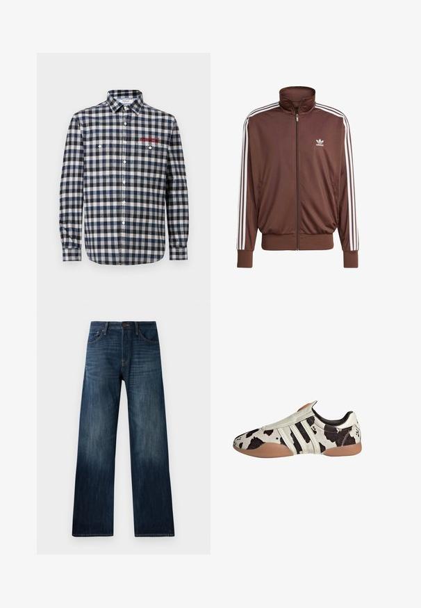 Giacca a track in poliestere marrone con strisce bianche ai lati, colletto alto, zip frontale e logo Adidas sul lato sinistro del petto. Ha due tasche laterali.; Camicia da uomo con bottoni, a quadri blu e bianchi, dotata di due tasche sul petto, colletto classico e dettagli ricamati in rosso.; Tre canotte bianche in cotone rigato. Ognuna ha un collo rotondo e un piccolo logo cucito sull'orlo. Design classico e semplice.; Jeans in denim blu scuro con design a gamba dritta, caratterizzati da una texture leggera, passanti per cintura e un classico stile a cinque tasche.; Scarpe in pelle nere e bianche con un motivo a stampa, caratterizzate da una finitura testurizzata, tre righe orizzontali bianche e una suola in gomma marrone.
