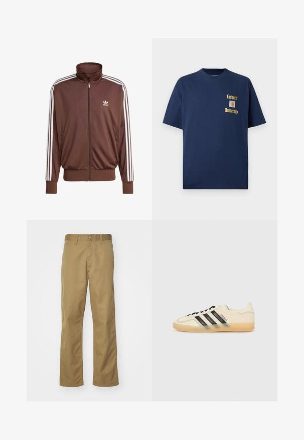 Pruun polyesterist jooksujakk valgete külgtriipudega, kõrge kraega, esi tõmblukuga ning Adidas logo vasakul rinnal. Omab kahte küljetaskut.; Tume sinine puuvillane T-särk lühikeste varrukatega, millel on kuldne kiri "Carhartt University" ja logo aplikaat vasakul rinnal.; Khaki chinos sirge säärega, valmistatud siledast puuvillakangast. Omab esipaneeli nupuga sulgemist ja külje taskuid.; Kerge kreemjasneaker mustade kolme triibuga disainiga, tekstureeritud ülemine osa, ümar varvas ja kummitald. Omab paelu ja brändimist külgedel.