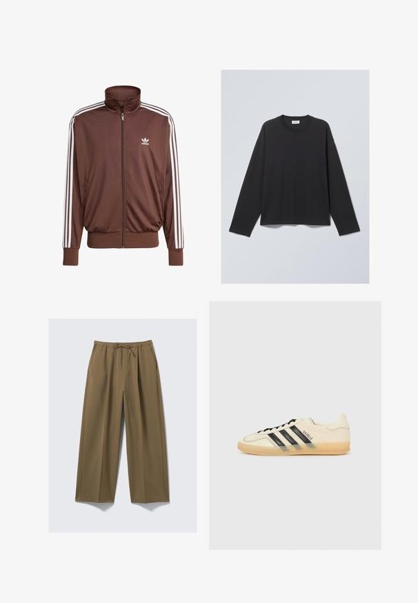 Brun polyester træningsjakke med hvide sidelister, høj krave, frontlynlås og Adidas-logo på venstre bryst. Har to sidelommer.; Sort langærmet T-shirt lavet af blødt stof. Har en rund hals og en afslappet pasform. Søm detaljer på skuldrene, minimalistisk design.; Bredde bukser i olivengrøn, lavet af blødt stof med elastisk talje og justerbar snor. Har to sidelommer.; Lys cremefarvet sneaker med sort tre-stribe-design, tekstureret overdel, rund tå og gummisål. Har snørebånd og branding på siden.