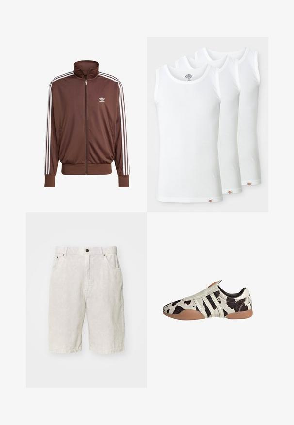 Bruine polyesteren trainingsjak met witte zijstrepen, hoge kraag, ritssluiting aan de voorkant en Adidas-logo op de linkerborst. Heeft twee zijzakken.; Drie witte tanktops van ribgebreide katoen. Elke top heeft een ronde halslijn en een klein logo-label aan de zoom. Klassiek, eenvoudig design.; Grijze corduroy shorts met een gestructureerd oppervlak, uitgerust met een knoopsluiting, riemlussen en twee zijzakken.; Witte en zwarte leren schoenen met een patroon en een textuurafwerking, met drie witte horizontale strepen en een bruine rubberen zool.