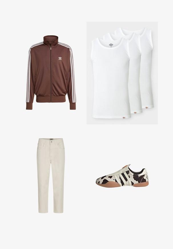 Bruine polyesteren trainingsjak met witte zijstrepen, hoge kraag, ritssluiting aan de voorkant en Adidas-logo op de linkerborst. Heeft twee zijzakken.; Drie witte tanktops van ribgebreide katoen. Elke top heeft een ronde halslijn en een klein logo-label aan de zoom. Klassiek, eenvoudig design.; Beige rechte jeans met een voorste knoop, riemlussen en vijf-pocket ontwerp, weergegeven op een witte achtergrond.; Witte en zwarte leren schoenen met een patroon en een textuurafwerking, met drie witte horizontale strepen en een bruine rubberen zool.