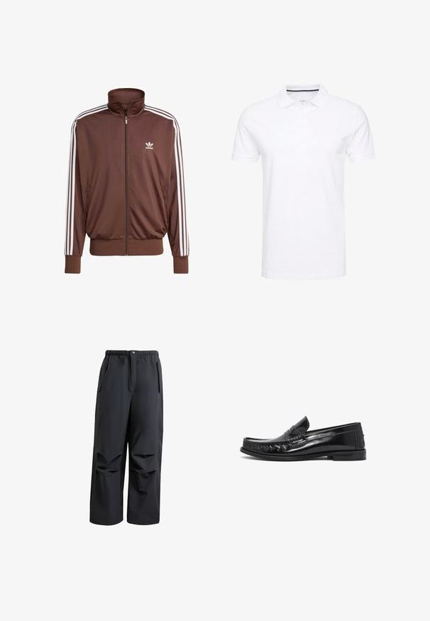 Brown polyester track jacket with white side stripes, high collar, front zipper, and Adidas logo on the left chest. Features two side pockets.; White polo shirt made of cotton, featuring a traditional collar, short sleeves, and three-button placket with subtle navy accents on the inside.; Black, loose-fitting pants made of soft fabric. Features an elastic waistband, button closure, and two side pockets with pleated details.; Black leather loafers with a sleek design, textured front, and decorative stitching. Flat sole with a polished finish and minimal accents.