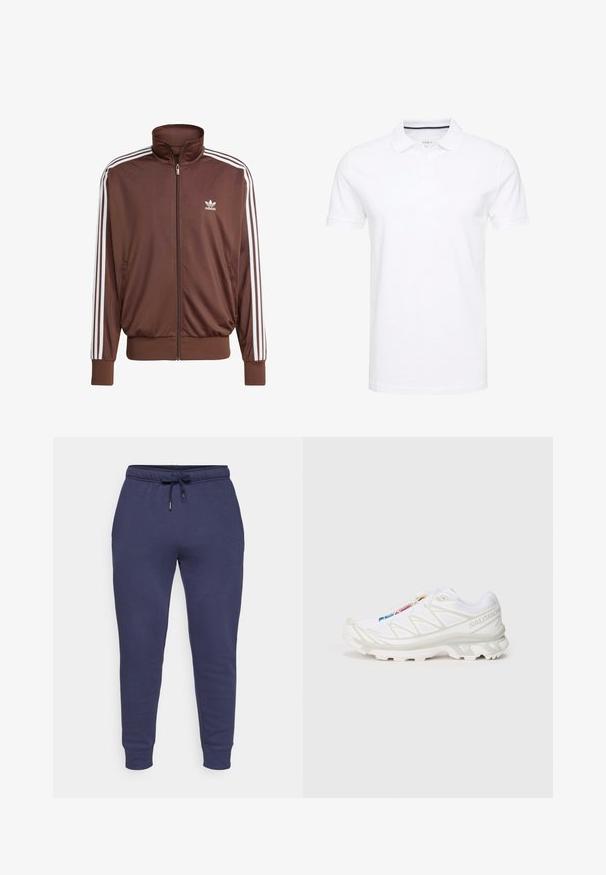Brun polyester treningsjakke med hvite sidelister, høy krage, frontglidelås og Adidas-logo på venstre bryst. Har to sidelommer.; Hvit polo skjorte laget av bomull, med en tradisjonell krage, korte ermer, og treknapps placket med subtile marineblå detaljer på innsiden.; Mørkeblå joggebukser med snor i livet, tapered ben og ribbede mansjetter. Mykt stoff med minimale sømdetaljer.; Hvite joggesko med teksturert mesh-overdel, reflekterende detaljer og dempet såle. Merkbar merkevarelogo på siden.