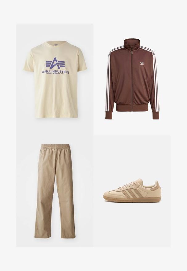 Hnědá polyesterová sportovní bunda s bílými bočními pruhy, vysokým límcem, předním zipem a logem Adidas na levé části hrudi. Obsahuje dvě boční kapsy.; Béžové bavlněné tričko s kulatým výstřihem, které má fialový grafický logo a text "ALPHA INDUSTRIES, KNOXVILLE, TENNESSEE, U.S.A."; Béžové, lehké kalhoty s elastickým pasem a rovnými nohavicemi. Obsahují boční kapsy a jemné prošívání. Hladká textura, neformální design.; Béžové kožené tenisky se třemi vodorovnými pruhy, kulatou špičkou, plochou hnědou gumovou podrážkou a měkkou textilní podšívkou na límci a jazyku.