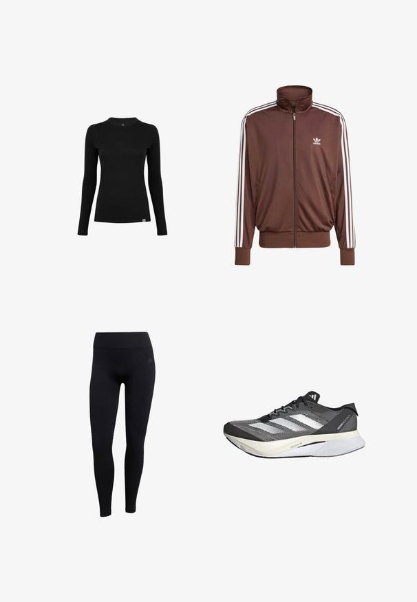 Braune Polyester-Trainingsjacke mit weißen seitlichen Streifen, hohem Kragen, Frontreißverschluss und Adidas-Logo auf der linken Brust. Verfügt über zwei seitliche Taschen.; Schwarzes Langarmshirt aus glattem Stoff mit rundem Ausschnitt. Verfügt über ein dezentes Logoetikett an der unteren linken Ecke. Minimalistisches Design.; Schwarze sportliche Leggings aus dehnbarem Stoff, mit hohem Bund, enganliegendem Schnitt und gerippten Knöchelbündchen. Subtiles Markenlogo.; Schwarz-weißer Sportschuh mit einem Obermaterial aus Mesh, featuring drei weiße Streifen, einer markanten Sohle mit der Aufschrift "LIGHTSTRIKE PRO" und einem aerodynamischen Design.