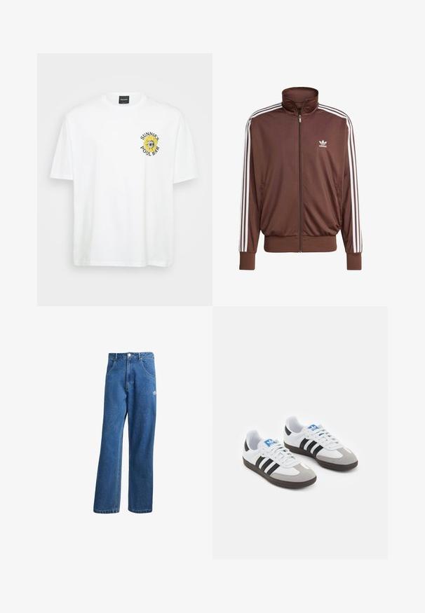 Brown polyester track jacket with white side stripes, high collar, front zipper, and Adidas logo on the left chest. Features two side pockets.; White cotton t-shirt featuring a round neck, short sleeves, and a sunflower graphic with "SUNNIES POOL BAR" text on the left chest.; Blue denim jeans with a wide-leg silhouette, featuring a front waistband button, side pockets, and a small white logo on the left leg.; Sport shoes with a white leather upper, gray suede toe, and three black stripes. Features a blue logo on the tongue and a textured rubber sole.