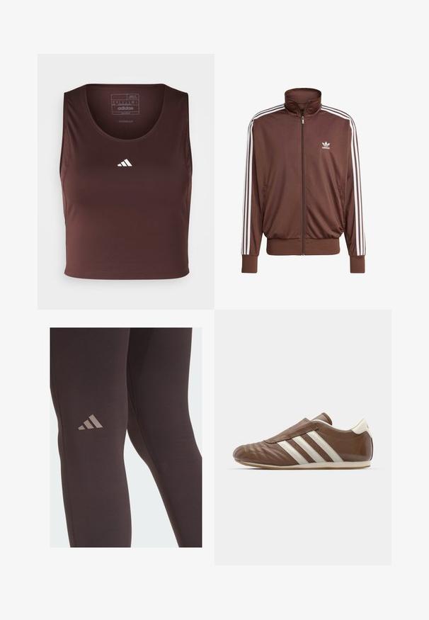 Bruine polyesteren trainingsjak met witte zijstrepen, hoge kraag, ritssluiting aan de voorkant en Adidas-logo op de linkerborst. Heeft twee zijzakken.; adidas Performance TECHFIT CROPPED - Top - shadow brown; Zwarte sportleggings met een gladde textuur, voorzien van een subtiele bruine Adidas-logo op de dij en versterkte stikdetails.; adidas Originals TAEKWONDO - Instappers - preloved brown/off white