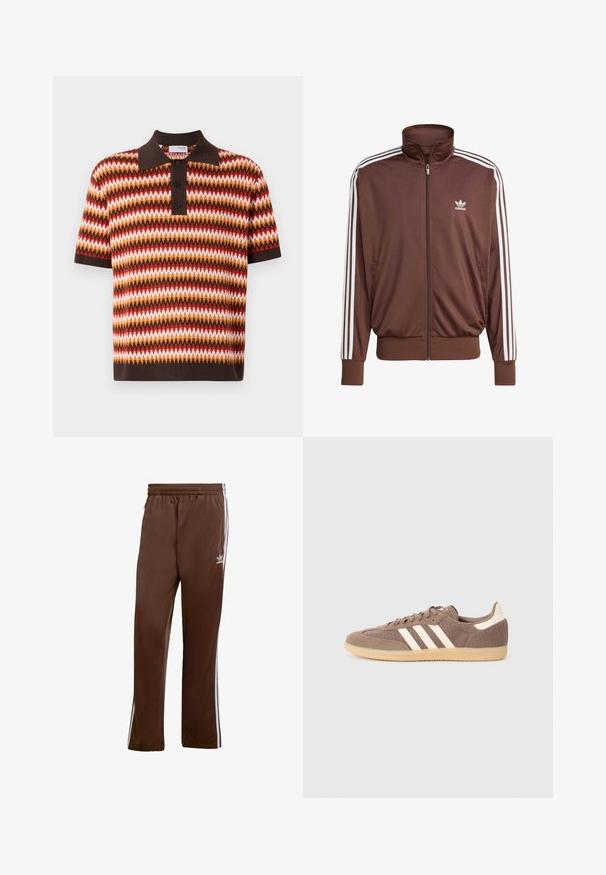 Ruskopäiväinen polyesteriset takki, jossa on valkoiset sivustripit, korkea kaulus, etuvetoketju ja Adidas-logo vasemmassa rinnassa. Varustettu kahdella sivutaskulla.; T-paita lyhyillä hihoilla, jossa on kaulus ja sahalaitakuosi punaisena, oranssina, ruskeana ja valkoisena; sisältää kolme nappia ja erottuvan kauluksen.; Ruskeat urheiluhaalarit, jotka on valmistettu sileästä kankaasta. Niissä on valkoiset sivuraidat ja joustava vyötärö. Mukana on taskut molemmilla puolilla.; Ruske tekstilne teniske z tremi belimi črtami, semiš in mrežasta tekstura, guma podplat, nizkoprofilna zasnova in subtilni detajli na peti.