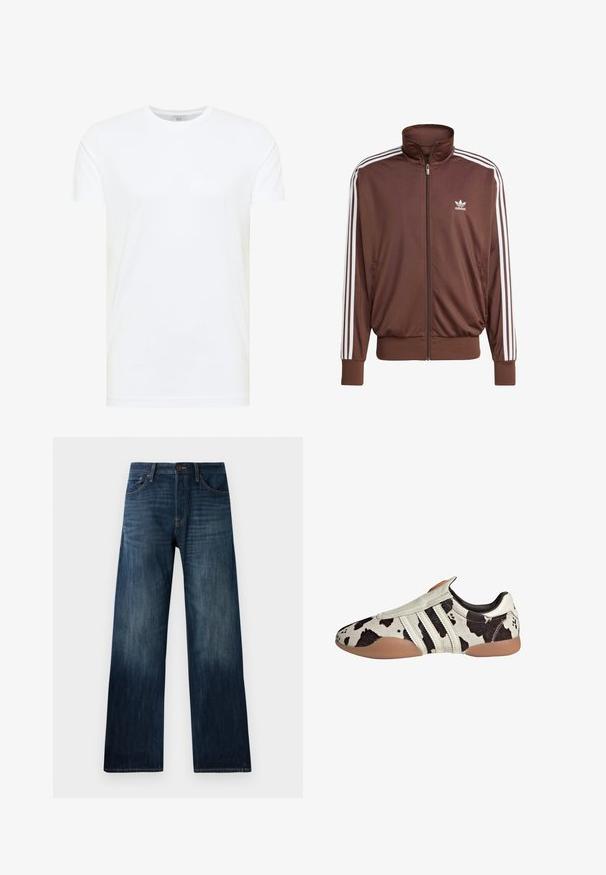 Brun polyester træningsjakke med hvide sidelister, høj krave, frontlynlås og Adidas-logo på venstre bryst. Har to sidelommer.; Hvid bomulds t-shirt med korte ærmer, rund hals og en glat tekstur. Enkel design uden synlige mønstre eller grafik.; Mørkeblå denimjeans med lige ben, der har en let tekstur, bæltestropper og en klassisk fem-lomme stil.; Hvide og sorte mønstrede lædersko med en textured finish, der har tre hvide vandrette striber og en brun gummisål.
