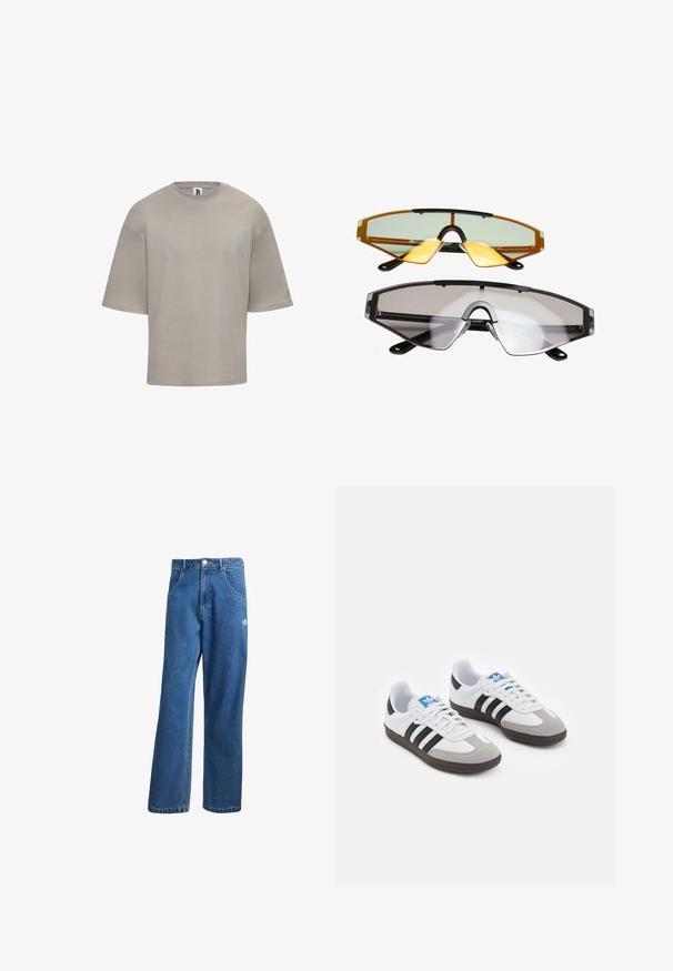 Ruda poliesterinė bėgimo striukė su baltais šonais, aukštu apykakle, priekyje užtrauktuku ir Adidas logotipu kairėje krūtinės pusėje. Yra dvi šoninės kišenės.; Šviesiai béžinės spalvos, trumpomis rankovėmis, apvaliu iškirpimu marškinėliai. Savybė - laisvas kirpimas, lygus paviršius ir subtilus logotipas ant rankovės.; Mėlynos aukštu liemeniu plačios džinsinės kelnės su priekinėmis kišenėmis, diržo kilpos, sagčių uždarymu ir mažu Adidas logotipu dešinėje šlaunyje.; Sportiniai batai su balta odine viršutine dalimi, pilku zomšiniu priekiu ir trimis juodomis juostelėmis. Ant liežuvio yra mėlynas logotipas, o padas pagamintas iš tekstūruoto gumos.; Du komplektai saulės akinių: vieni su oranžiniais stiklais ir juodais akcentais, kiti su skaidriais stiklais ir panašiu juodu rėmeliu.