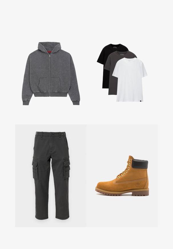 Szürke cipzáras kapucnis pulóver, puha anyagból készült, kapucnival, elülső zsebekkel, bordázott mandzsettával és derékrésszel. Minták vagy díszítések nélkül.; Három szabványos szabású póló rétegezve. Színek: fekete, sötétszürke és fehér. Pamut anyag, rövid ujjakkal és kerek nyakkivágással. Minimális márkázás.; Sötétszürke pamut anyagú cargo nadrág, több oldalsó zsebbel, cipzáras zsebbel és egyenes lábbal, varrott varrásokkal.; Barna velúr bokacipő fekete párnázott gallérral, arany fém fűzőlyukakkal, fehér varrási részletekkel és durva gumitalppal, amelynek kifejezett barázdái vannak.